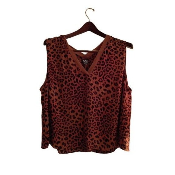 Worthington Tops - leopard print sheer tank top v neck white straps black brown size 2xl